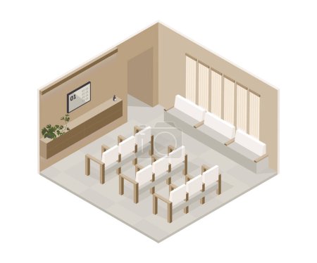 Vector isometric low poly minimalistic medical clinic interior mit verschiedenen Möbeln. Moderne Vektorillustration. Lobby des Krankenhauses, Nebenraum, Wartebereich.