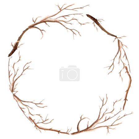 Wreath frame border of dry branches watercolor. Template for decorating designs and illustrations.