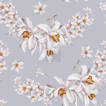 Téléchargez les photos : Bouquet de lys et jacinthes. Modèle sans couture avec des fleurs délicates - en image libre de droit