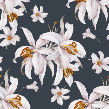 Photo for Bouquet of lilies on a black background.  Seamless watercolor pattern - Royalty Free Image