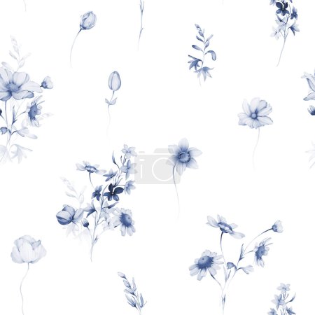 Foto de Patrón sin costuras con flores silvestres en tonos índigo - Imagen libre de derechos