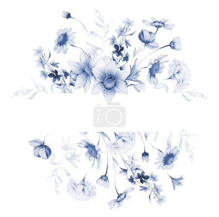 Foto de Marco floral en estilo acuarela sobre fondo blanco. Tarjeta en tonos índigo - Imagen libre de derechos
