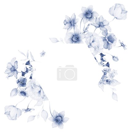 Téléchargez les photos : Cadre floral en aquarelle sur fond blanc. Carte dans les tons indigo - en image libre de droit