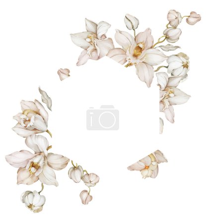 Foto de Tarjeta de felicitación con orquídeas en estilo acuarela. Marco de flores sobre fondo blanco - Imagen libre de derechos