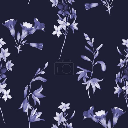Téléchargez les photos : Modèle sans couture avec des fleurs sauvages dans des tons indigo - en image libre de droit