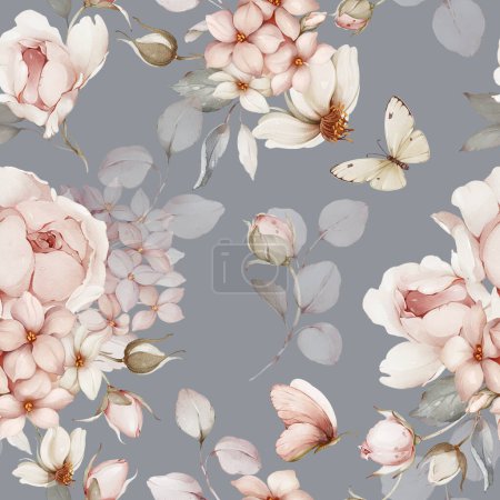 Téléchargez les photos : Modèle sans couture avec des bouquets de fleurs et de papillons. Roses printanières dans le style aquarelle - en image libre de droit