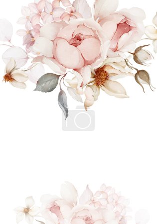 Foto de Tarjeta de boda con rosas acuarela florecientes sobre un fondo blanco - Imagen libre de derechos