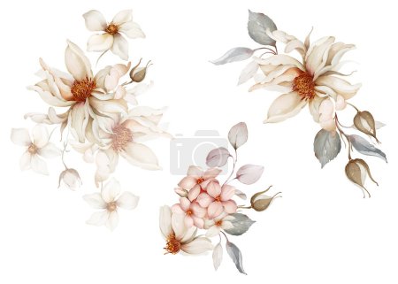 Foto de Conjunto de ramos florales con delicadas rosas acuarela para crear tarjetas e invitaciones - Imagen libre de derechos