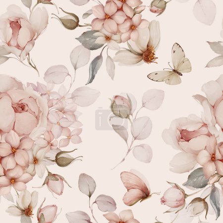 Photo for Seamless pattern with bouquets of flowers and butterflies. Spring roses in watercolor style - Royalty Free Image
