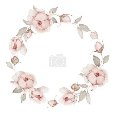 Téléchargez les photos : Couronne délicate de roses aquarelles sur fond blanc - en image libre de droit