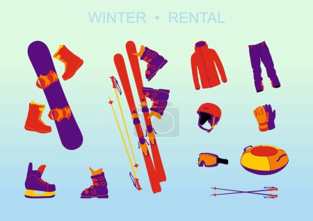 Téléchargez les illustrations : Location hiver sport actif snowboard vêtements de ski gants patins à glace - en licence libre de droit