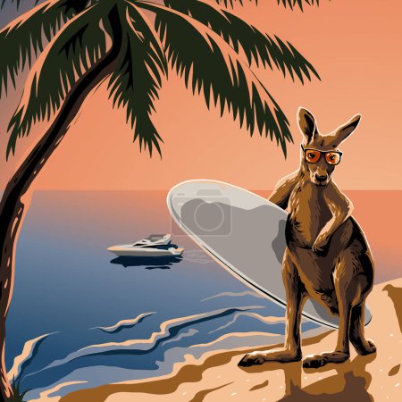 Téléchargez les illustrations : Poster kangaroo surf beach sunset - en licence libre de droit