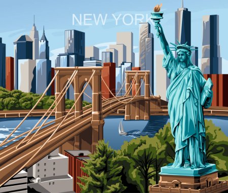 Téléchargez les illustrations : New york USA poster liberty brooklin bridge - en licence libre de droit