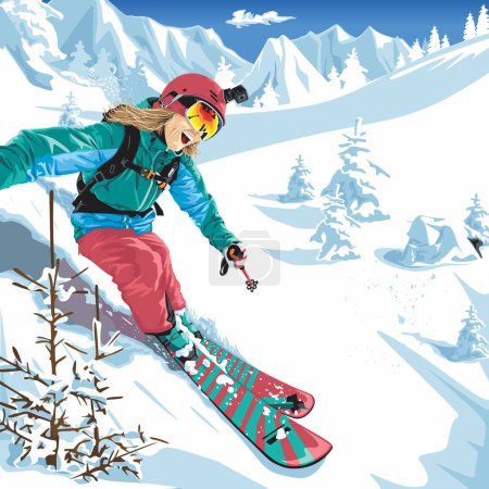 Illustration for Skier woman with go pro camera - Royalty Free Image