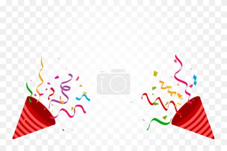 Illustration for Exploding Party Popper With Colorful Confetti And Ribbon Isolated On White Background. Happy Birthday And New Year. Vector - Royalty Free Image