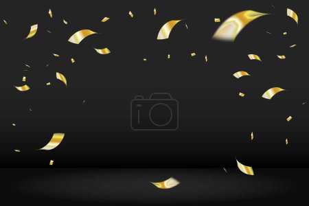 Foto de Golden Tiny Confetti Ribbon Falling On Black Studio Background (en inglés). Vector - Imagen libre de derechos