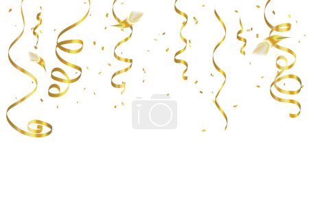 Photo for Golden Tiny Confetti And Streamer Ribbon Falling On White Studio Background. Vector - Royalty Free Image