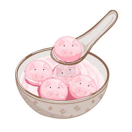 pink tang yuan, isolate cute pig glutinous rice balls with lava-like black sesame filling , a Chinese dessert in brown bowl with spoon on white background, hand drawing realistic vector illustration. 