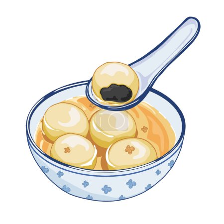 tang yuan, klebrige Reisbällchen mit lava-ähnlicher schwarzer Sesamfüllung umwickelt, ein chinesisches Dessert in blauer Schüssel mit Löffel auf weißem Hintergrund, Handzeichnung realistische Vektorillustration. 