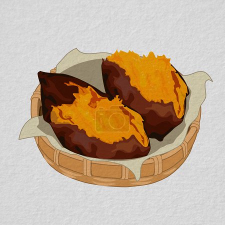 Isolated  whole and a half roasted yellow sweet potato in a bamboo basket on white background. Food ingredients vector illustration. Close up authentic Yaki Imo vector drawing. paper like vector