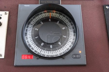 Photo for Gyro compass repeater on the navigational control pane of navigational bridge. Navigational equipment. - Royalty Free Image
