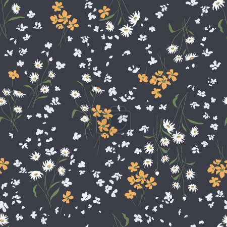 Photo for Daisy_orange flowersHand drawn seamless pattern with cute wildflowers on a dark background - Royalty Free Image