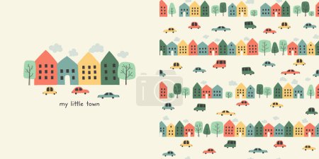 Photo for My little town. Seamless pattern with hand drawn town landscape and shirt design for kids. Cartoon hand drawn background with houses, cars, roads and trees - Royalty Free Image