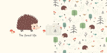 Photo for The forest life. Seamless pattern with hand drawn cartoon forest and shirt design for kids. Cute hedgehog, mushrooms and trees. Vecto - Royalty Free Image