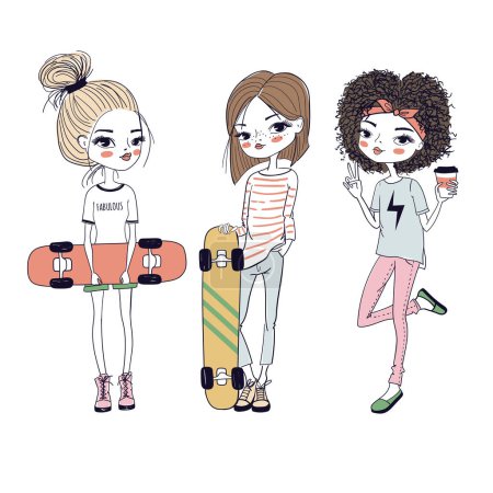 Photo for Cute girls with skateboards. Vector illustration - Royalty Free Image