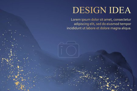 Modern watercolor background or elegant card design or wallpaper or poster with abstract blue ink waves and golden splashes.