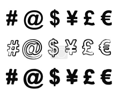 Téléchargez les illustrations : Ensemble de symboles spéciaux et de signes de devise. Hashtag, at, dollar, yuan, livre sterling, euro. - en licence libre de droit