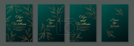 Ilustración de Plantillas modernas de tarjetas de lujo para felicitación o presentación de bodas o bithday o banner de venta con hojas doradas sobre un fondo verde. - Imagen libre de derechos