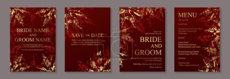 Ilustración de Plantillas de tarjetas de lujo modernas para el saludo de boda o bithday o banner de presentación o venta con hojas de arce de otoño dorado sobre un fondo rojo. - Imagen libre de derechos