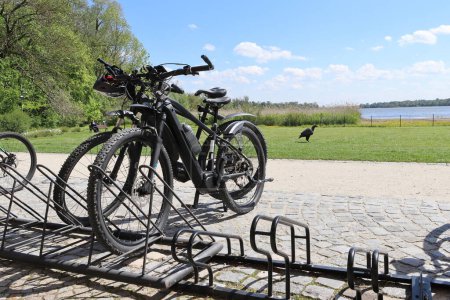 Photo for Detail of bicycles parked in a rack. Bike trips in the Lednice-Valtice area. Focused on the bike. - Royalty Free Image