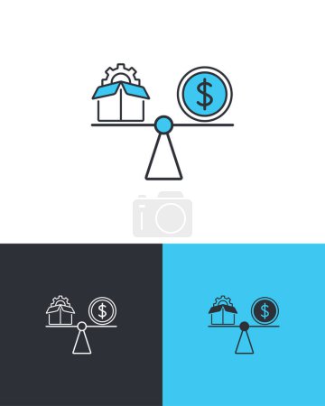 Illustration for Box with gear and currency on the scales. Product or labor and money balance business vector icons on 3 different backgrounds. Value and price concept. - Royalty Free Image
