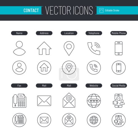 Illustration for Contact outline icon set with symbols such as name, address, location, telephone, mobile phone, fax, email, web and social media for business cards or other media. - Royalty Free Image