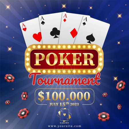 Illustration for Poker tournament, cards and chips banner. Casino. Can be used as a flyer, poster or advertisement. Vector illustration on a blue background. - Royalty Free Image