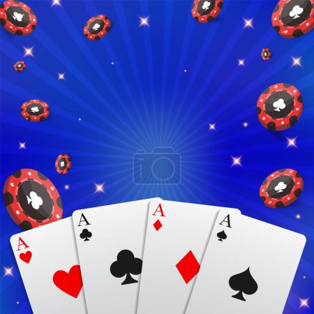 Illustration for Poker tournament, cards and chips banner. Casino. Can be used as a flyer, poster or advertisement. Vector illustration on a blue background. - Royalty Free Image