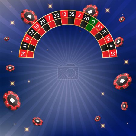 Illustration for Casino tournament, roulette and chips banner. Can be used as a flyer, poster or advertisement. Vector illustration on a blue background. - Royalty Free Image