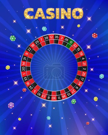 Illustration for Casino tournament, roulette and chips banner. Can be used as a flyer, poster or advertisement. Vector illustration on a blue background. - Royalty Free Image