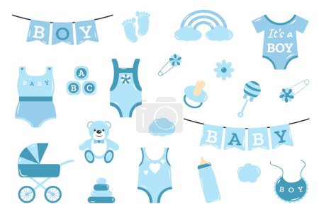 Illustration for Vector baby shower collection for boy with cute elements. Perfect for birthday, kids party, clothing prints, greeting cards. - Royalty Free Image