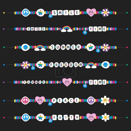 Retro hand drawn vector of children's friendship accessories, including beads, bracelets, necklaces. Card icons in the style of the 90s, multicolored and beaded.