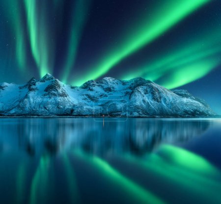 Nordlichter über den schneebedeckten Bergen, Meeresküste, Spiegelung im Wasser in der Nacht auf den Lofoten, Norwegen. Aurora borealis und schneebedeckte Felsen. Winterlandschaft mit Polarlichtern und Fjord. Sternenhimmel