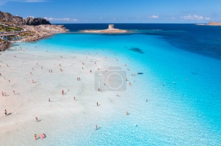 Aerial view of famous La Pelosa beach at sunny summer day. Stintino, Sardinia island, Italy. Top view of sandy beach, swimming people, clear blue sea, old tower and sky with clouds. Tropical seascape