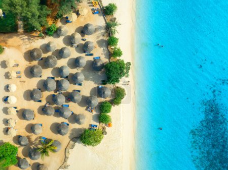 Téléchargez les photos : Vue aérienne de palmiers verts, parasols sur la plage de sable vide, mer bleue au coucher du soleil. Voyage d'été à Nungwi, île de Zanzibar. Paysage tropical avec palmiers, sable blanc, océan clair. Vue du dessus - en image libre de droit