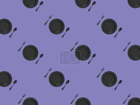 Seamless pattern. kitchen utensils on a pastel blue purple background. fork, spoon, plate. Template for surface application. Flat lay. Square image. 3D image. 3D rendering.