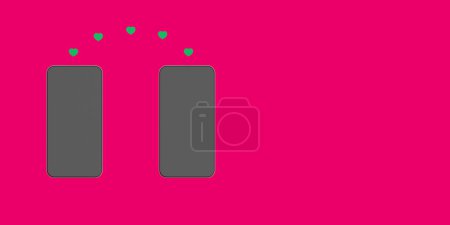 Photo for Sharing likes between friends. Two smartphones on a red background. Hearts are transferred from one gadget to another. Communication in social networks. Horizontal image. 3d image. 3d rendering - Royalty Free Image