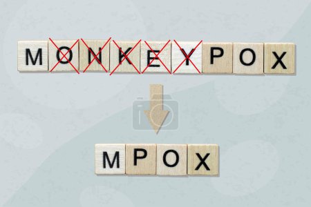 Umbenennung der Krankheit Monkeypox in MPOX. Die Buchstaben sind mit einem roten Kreuz durchgestrichen. Das Pockenvirus ist mit Holzwürfeln ausgelegt.