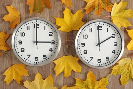Two clocks, one shows three o'clock, the other shows two o'clock. Yellow fallen autumn leaves lie around. Symbol of time change from summer time to winter time. Moving the hands backwards.