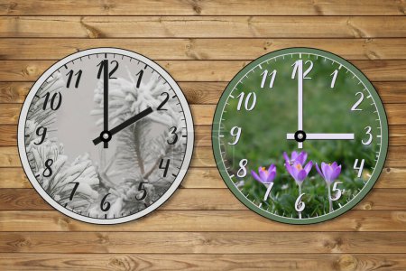 Deux horloges : l'une représente l'hiver et montre 02 : 00, l'autre représente le printemps et montre 03 : 00. Transition de l'heure, changement d'heure d'été, passage à l'heure d'été, les mains avancent